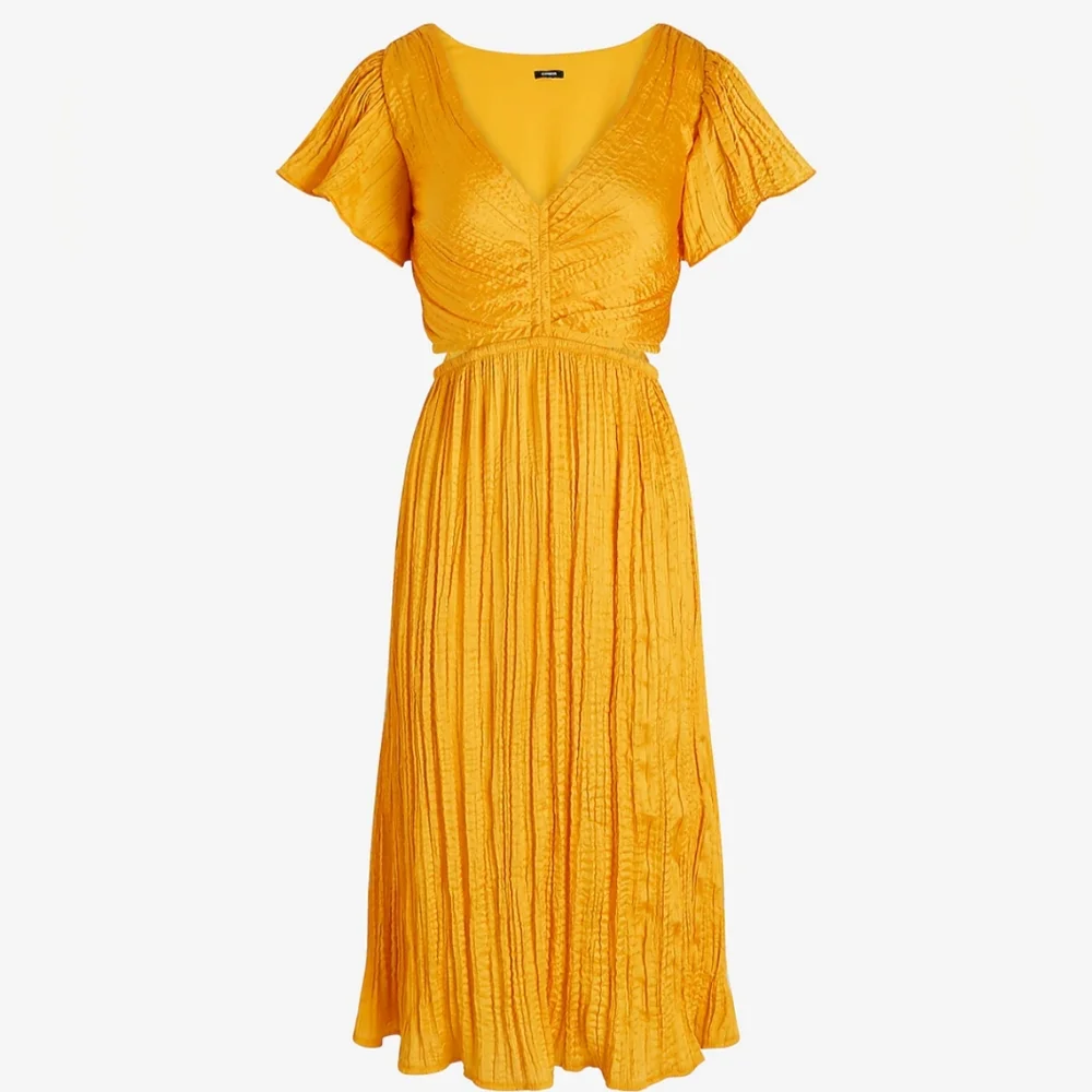 Express Satin V-Neck Flutter Sleeve Pleated Cutout Midi Dress. - Picture 3 of 16